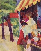 August Macke Vor dem Hutladen (Frau mit roter Jacke und Kind) oil painting reproduction